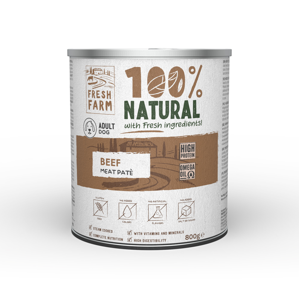 Hrană umedă pentru câini Fresh Farm pate fin cu vită, 800 g
