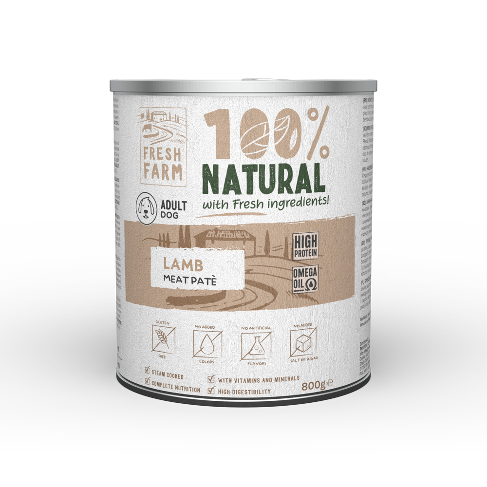 Hrană umedă pentru câini Fresh Farm pate fin cu miel, 800 g