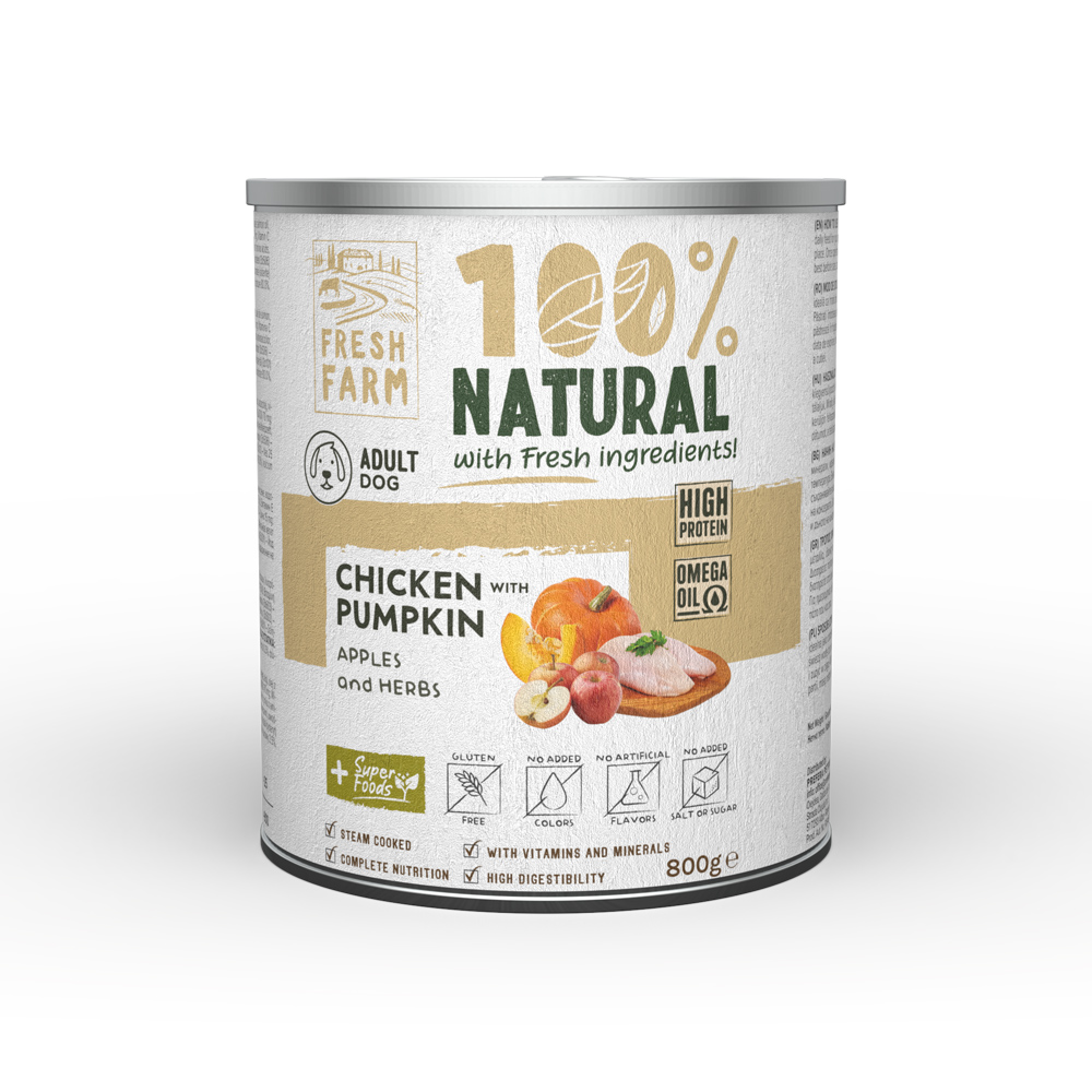 Hrană umedă pentru câini Fresh Farm pate cu pui, dovleac, mere și ierburi, 800 g