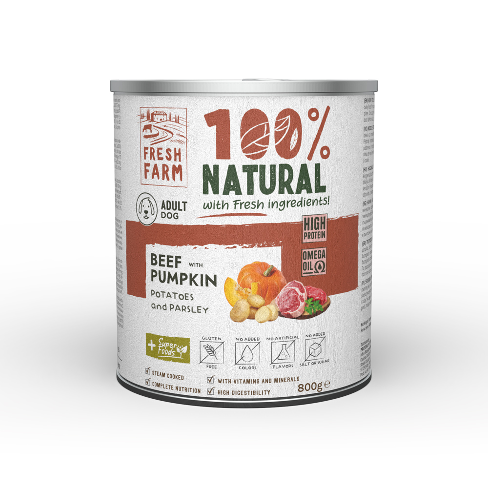 Hrană umedă pentru câini Fresh Farm pate cu vită, dovleac, cartofi și pătrunjel, 800 g