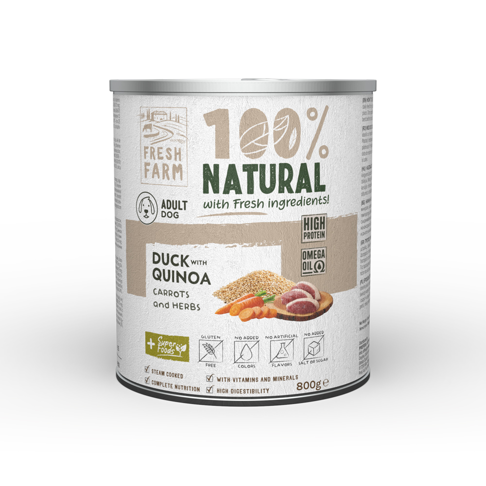 Hrană umedă pentru câini Fresh Farm pate cu rață, quinoa, morcovi și ierburi, 800 g
