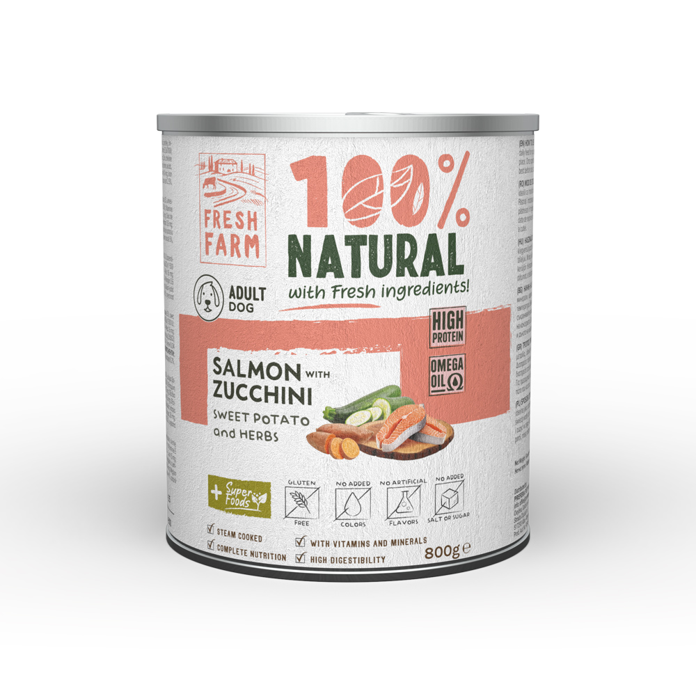 Hrană umedă pentru câini Fresh Farm pate cu somon, dovlecei, cartofi dulci și ierburi, 800 g