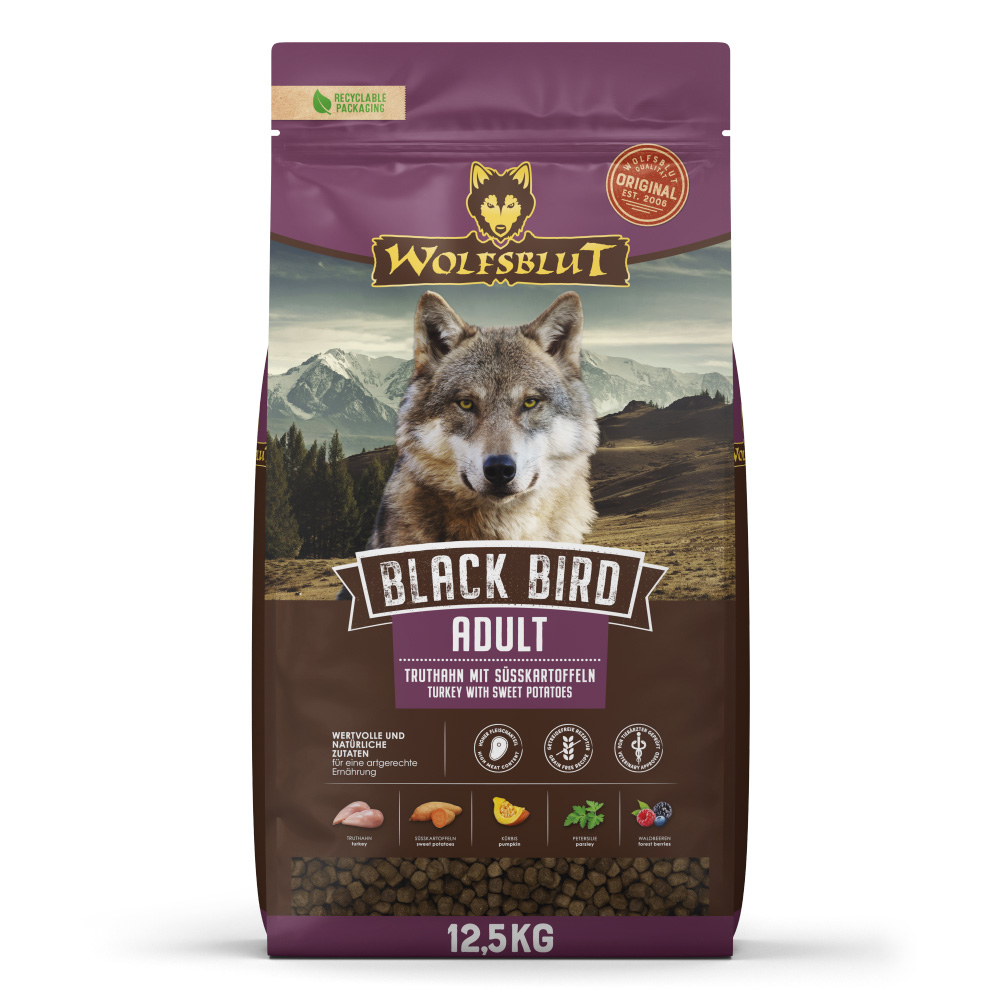 Hrană uscată pentru câini Wolfsblut Black Bird, curcan, 12,5 kg