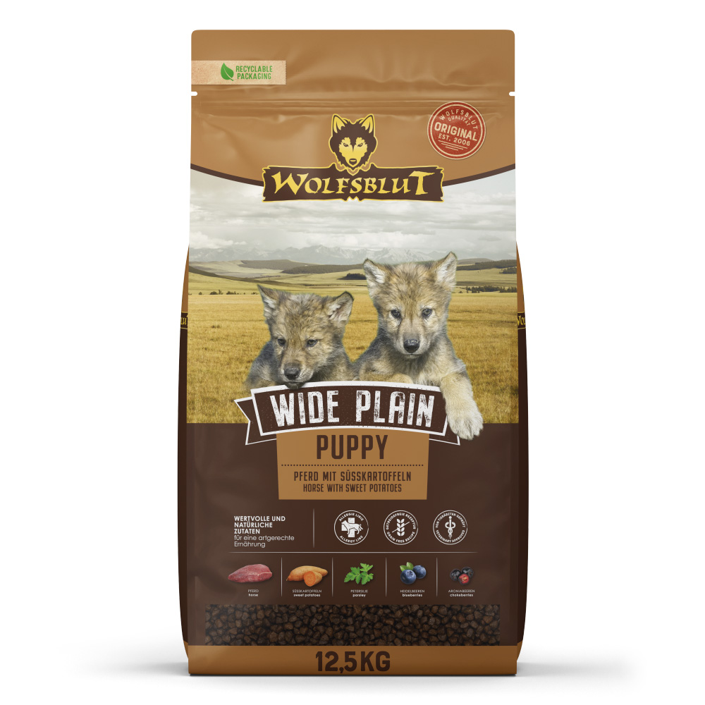 Hrană uscată pentru căței Wolfsblut Wide Plain Puppy, cal, 12,5 kg