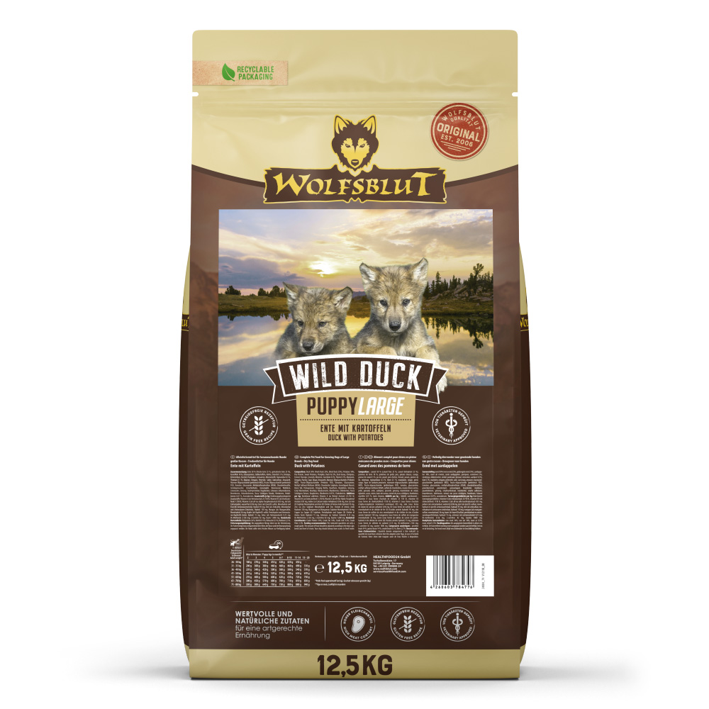 Hrană uscată pentru căței Wolfsblut Wild Duck Large Breed Puppy, rață, 12,5 kg