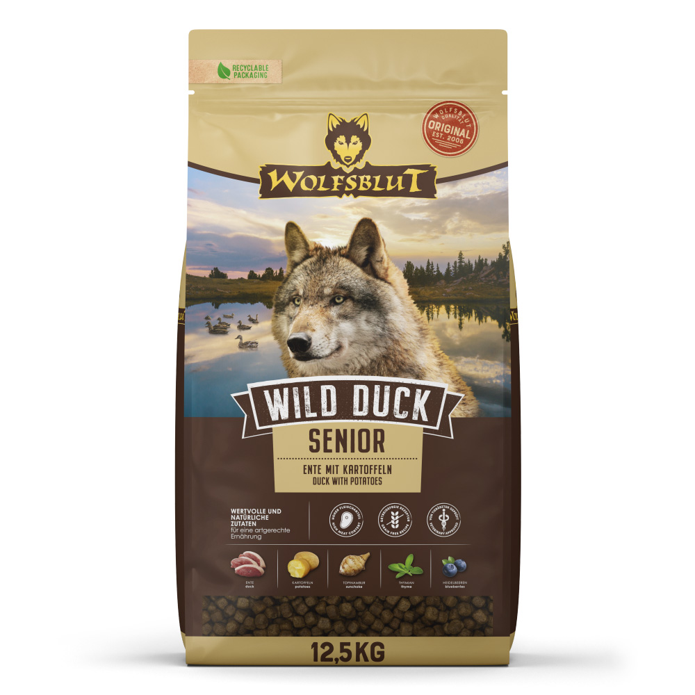 Hrană uscată pentru câini Wolfsblut Wild Duck Senior, rață, 12,5 kg