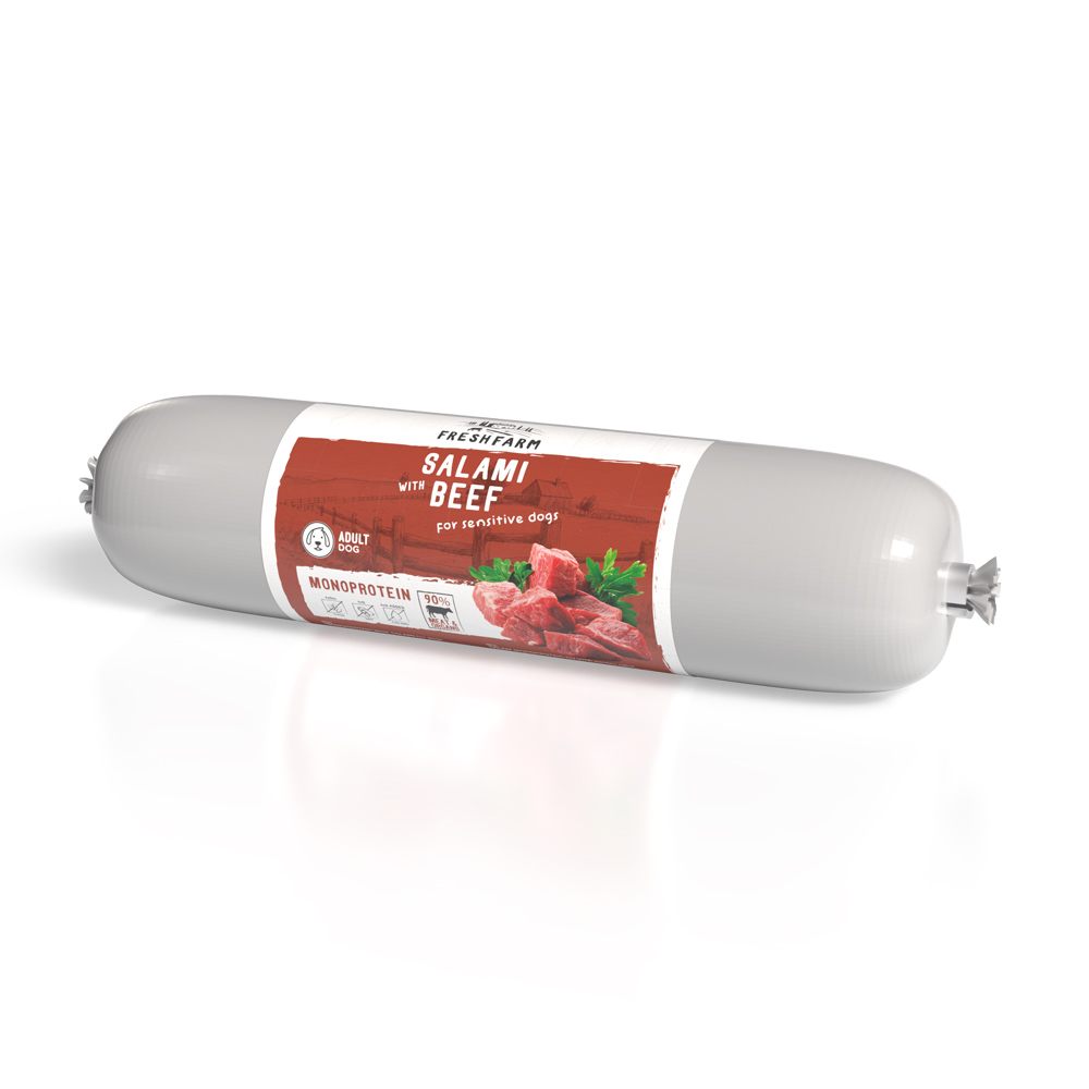 Salam monoproteic pentru câini sensibili Fresh Farm, vită, 800 g