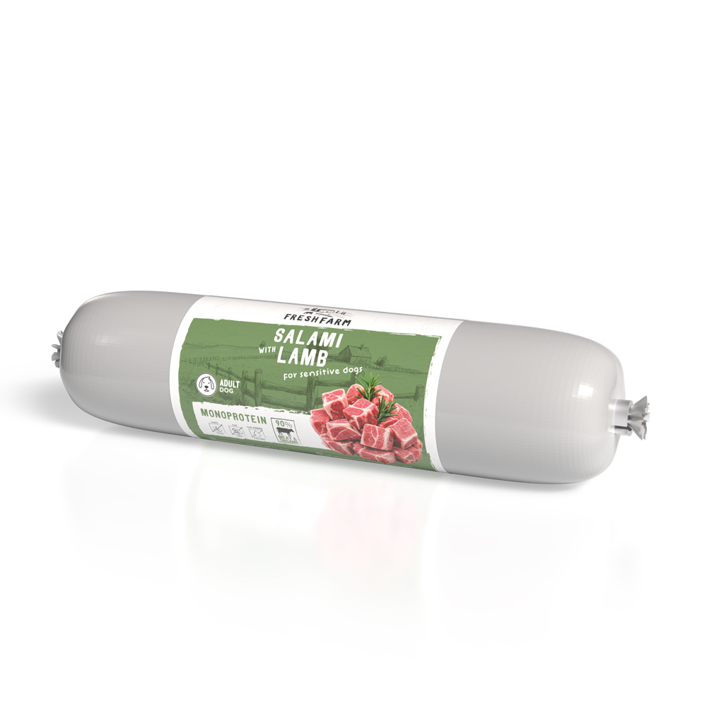 Salam monoproteic pentru câini sensibili Fresh Farm, miel, 800 g