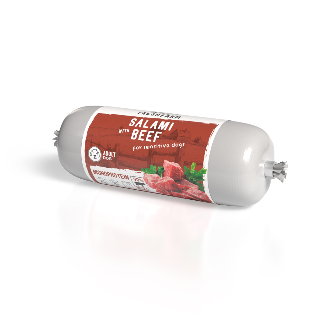 Salam monoproteic pentru câini sensibili Fresh Farm, vită, 300 g