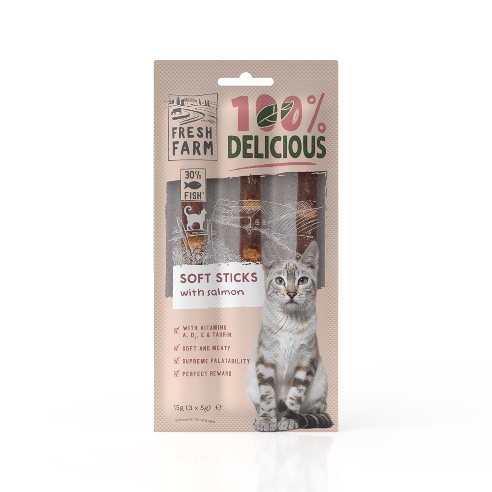 Recompense pentru pisici Fresh Farm Soft Sticks cu somon, 3 × 5 g