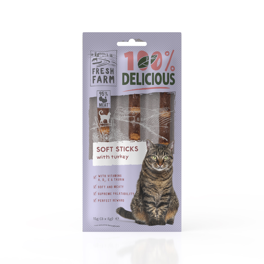 Recompense pentru pisici Fresh Farm Soft Sticks cu curcan, 3 × 5 g
